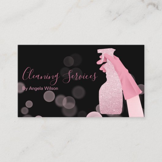 ハウスクリーニングサービスメイドグリッターブラックピンク 名刺 (正面)