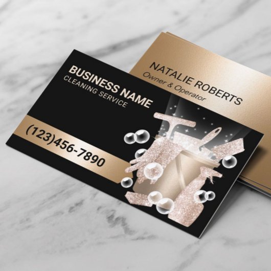 ハウスクリーニングサービスモダンブラック&金ゴールドバブル 名刺
