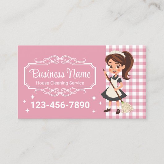 ハウスクリーニングサービス漫画メイドピンクプレイド 名刺 (正面)