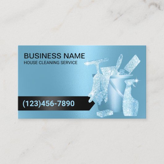 ハウスクリーニングハウスキーピングモダンブルーグリッター 名刺 (正面)