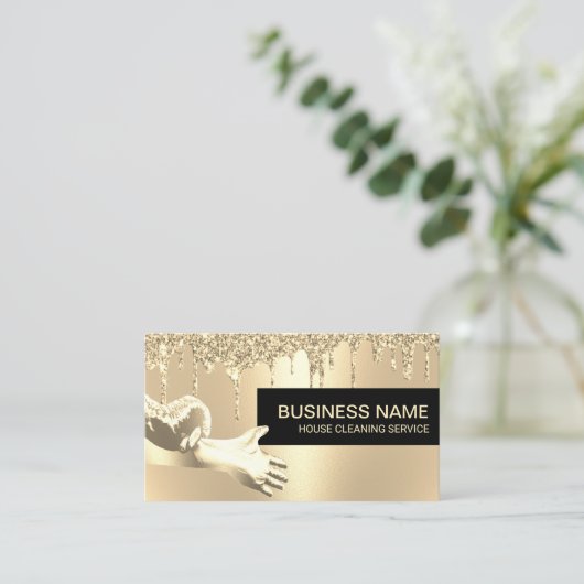ハウスクリーニングハウスキーピング金ゴールドグリッタードリップ 名刺 (スタンド正面)
