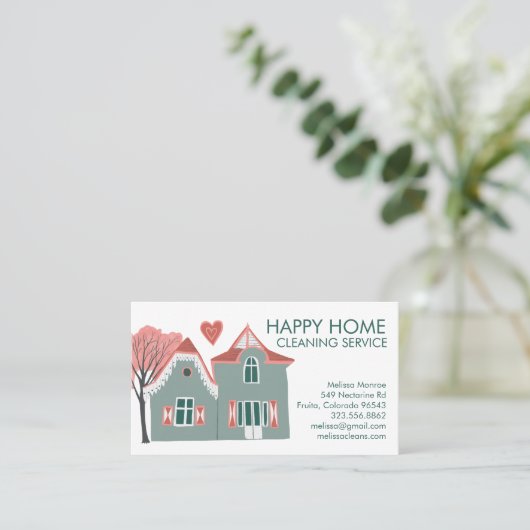 ハウスクリーニングホームサービスピンクグリーンQRコード 名刺 (スタンド正面)