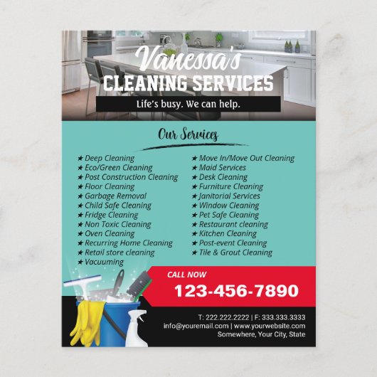 ハウスクリーニングメイドサービスティール(緑がかった色)写真 チラシ (正面)