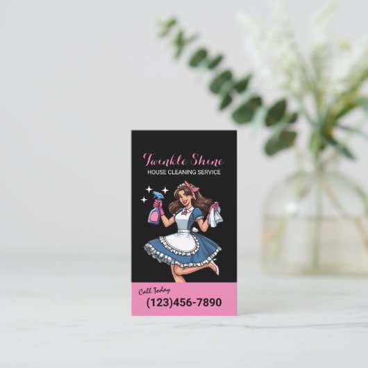 ハウスクリーニングレトロブラック&ピンクメイドサービス 名刺 (スタンド正面)