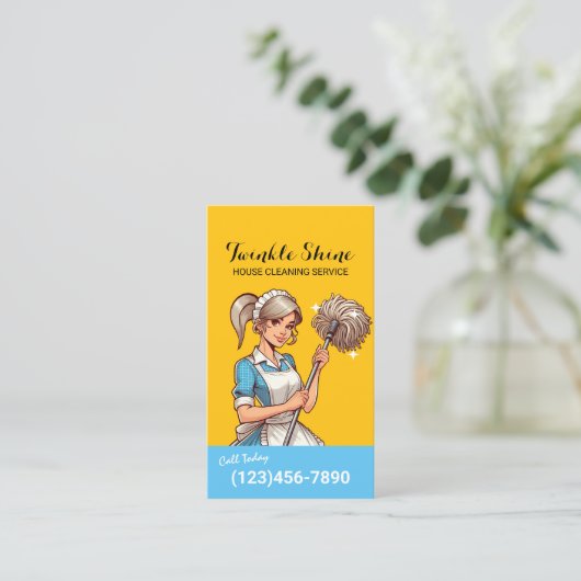 ハウスクリーニングレトロブルー&金ゴールドメイドサービス 名刺 (スタンド正面)