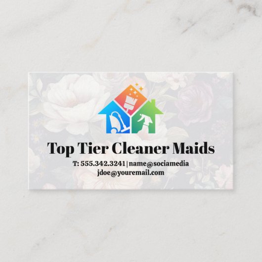 ハウスクリーニングロゴ |フローラ背景 名刺 (正面)
