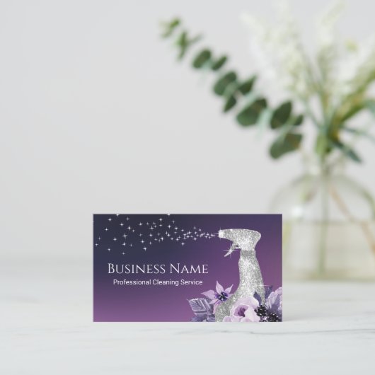 ハウスクリーニンモダングシルバースプレーパープルフローラ 名刺 (スタンド正面)