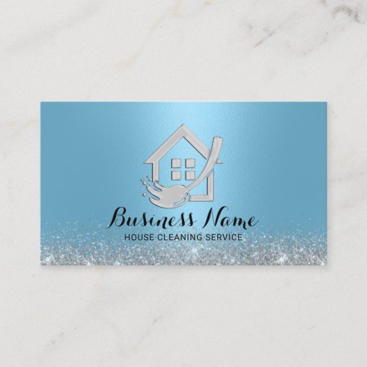 ハウスクリーモダンニングライトブルーハウス&モップロゴ 名刺 (正面)