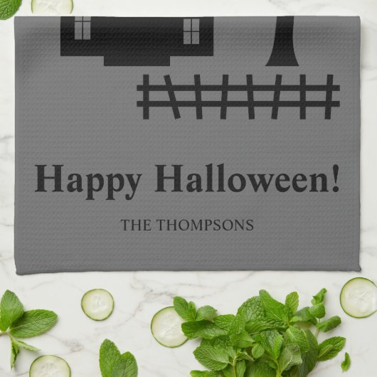 ハウスシルエット幽霊のよく出るおよび文字カスタムハロウィン キッチンタオル (折り畳み)