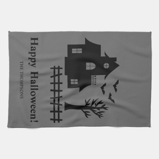 ハウスシルエット幽霊のよく出るおよび文字カスタムハロウィン キッチンタオル (横)