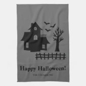 ハウスシルエット幽霊のよく出るおよび文字カスタムハロウィン キッチンタオル (縦)