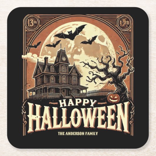 ハウスパンプキ幽霊のよく出るンズホラー不気味ハロウィーン スクエアペーパーコースター (正面)