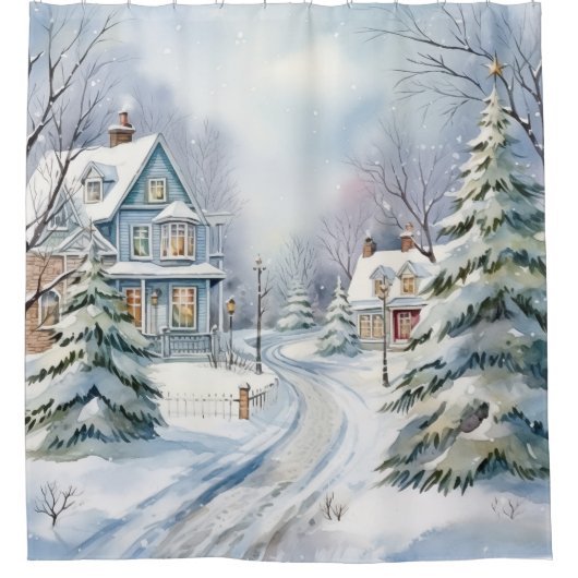 ハウスビクトリアンウィンターシーンスノー シャワーカーテン (正面)