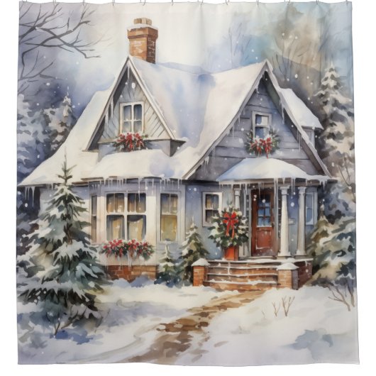 ハウスビクトリアンウィンターシーンスノー シャワーカーテン (正面)