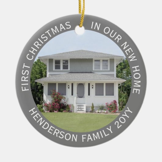 ハウスフォトファーストクリスマスニューホーム名&年灰色 セラミックオーナメント (正面)