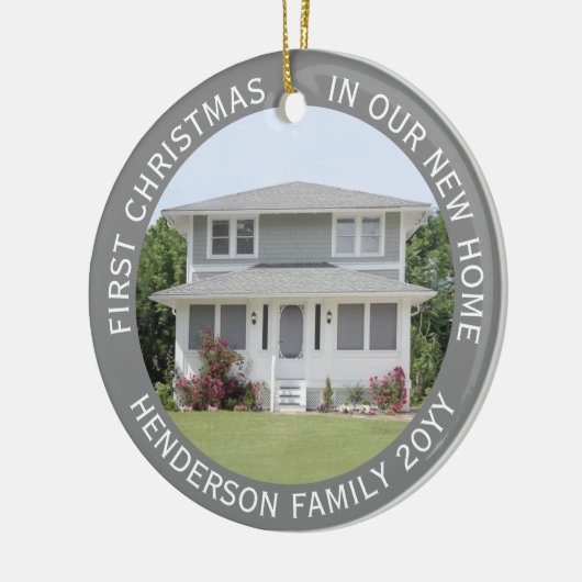 ハウスフォトファーストクリスマスニューホーム名&年灰色 セラミックオーナメント (左)