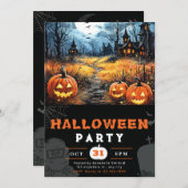 ハウスフル幽霊のよく出るムーンとこうもりブラックハロウィーン 招待状 (正面/裏面)