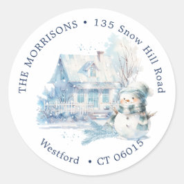 ハウスブルー雪だるまクリスマス差出人住所ラベル ラウンドシール