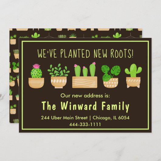 ハウスプラントサボサボダーク茶色の新しいホームアナウンセーム 案内状 (正面/裏面)