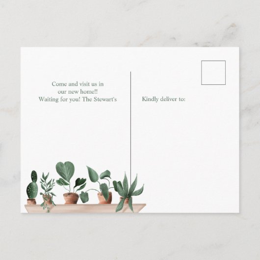 ハウスプラント水の色の棚の新しい住宅移動 案内ポストカード (裏面)