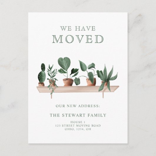 ハウスプラント水の色の棚の新しい住宅移動 案内ポストカード (正面)