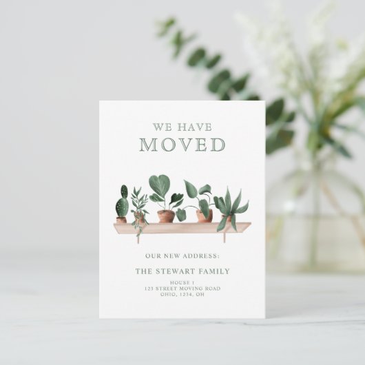 ハウスプラント水の色の棚の新しい住宅移動 案内ポストカード (スタンド正面)