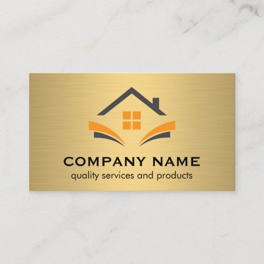 ハウスロゴ | 不動産仲介業者 | 金ゴールド金属背景 名刺 (正面)