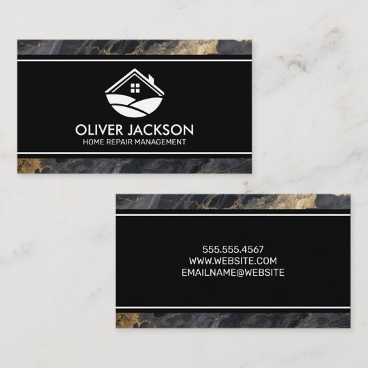 ハウスロゴ |大理石ダークグレー金ゴールド 名刺 (正面/裏面)