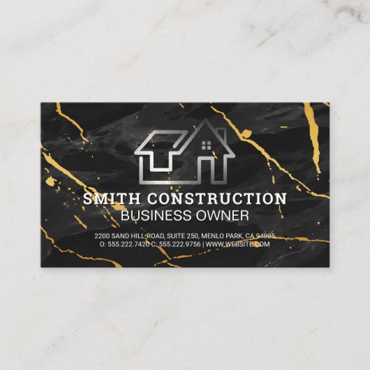 ハウスロゴ | 黒い大理石の金ゴールド背景 名刺 (正面)