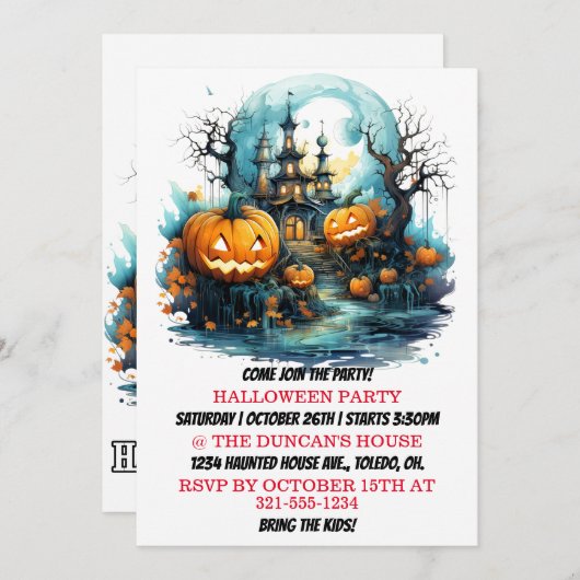 ハウス幽霊のよく出るハッピーハローウィンパーティの招待状 招待状 (正面/裏面)
