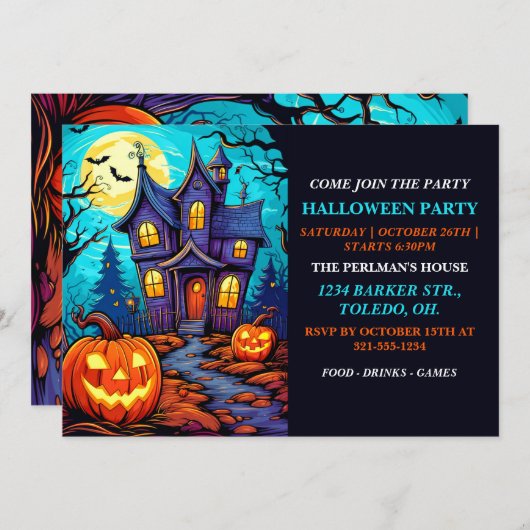 ハウス幽霊のよく出るハッピーハローウィンパーティの招待状 招待状 (正面/裏面)