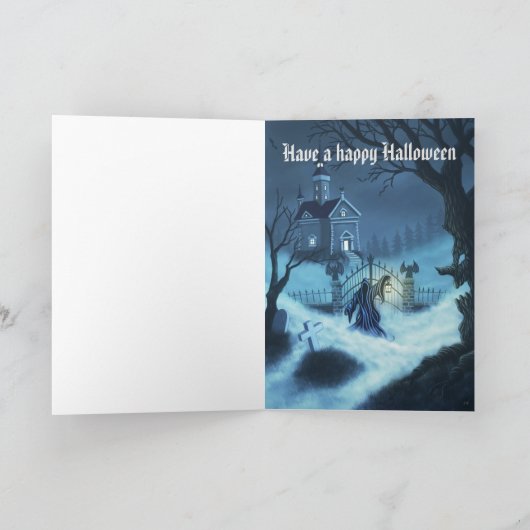 ハウス幽霊のよく出る歓迎のゴシックハウスのハロウィンファンタジーアート カード (内部)