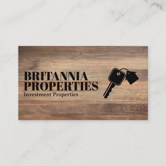 ハウス鍵ロゴ | 木目の背景 名刺 (正面)