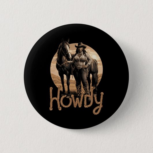 ハウディウエスタンブラック女性のカーボーイアフリカンアメリカン 缶バッジ (正面)