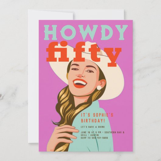ハウディフィフティウェスタンレトロシックピンク50th誕生日 招待状 (正面)