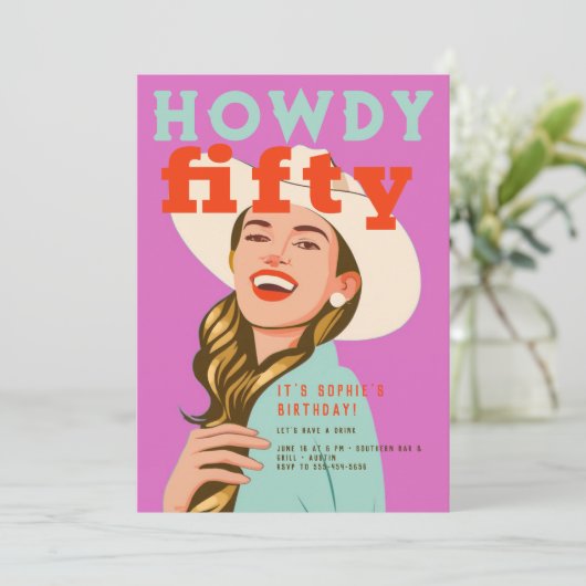 ハウディフィフティウェスタンレトロシックピンク50th誕生日 招待状 (スタンド正面)