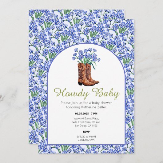 ハウディベビーブルーボンネットカウボーイウェスタン 招待状 (正面/裏面)
