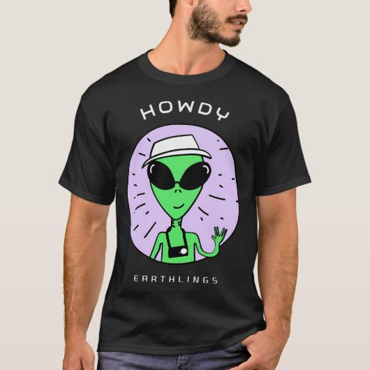ハウディ地球人 – おもしろいエイリアンロゴ Tシャツ (正面)