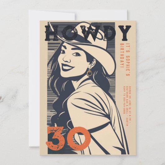 ハウディ30ウェスタンレトロオレンジネイビー30歳の誕生日 招待状 (正面)