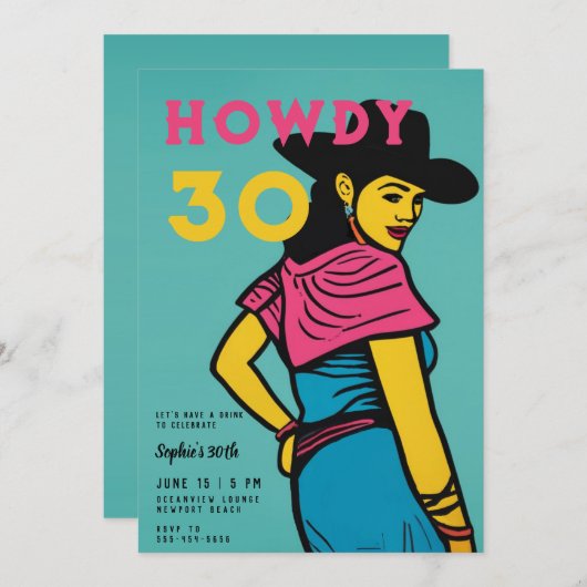 ハウディ30カントリー西漫画ピンク30歳の誕生日 招待状 (正面/裏面)