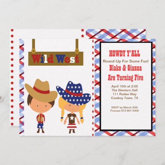 ハウディ！アメリカンカウボーイ&女性のカーボーイ誕生日招待状 招待状 (正面/裏面)