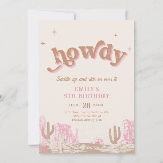 ハウディ!ウエスタンピンク女性のカーボーイ誕生日 招待状 (正面)