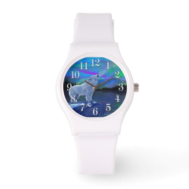 ハウリングアークティックウルフ&ムーンワイルドライフアート 腕時計 (正面)