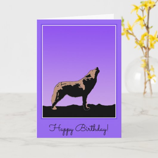 ハウリングウルフアットサンセット – オリジナルワイルドライフアート カード (黄色い花)