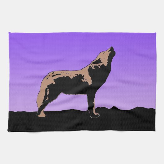 ハウリングウルフアットサンセット – オリジナルワイルドライフアート キッチンタオル (横)