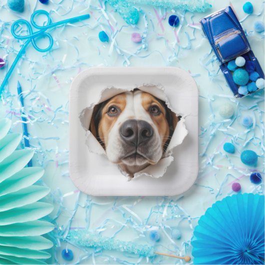 ハウンド犬が引き裂かれた紙穴を覗く ペーパープレート (パーティー)