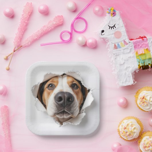 ハウンド犬が引き裂かれた紙穴を覗く ペーパープレート (パーティー)