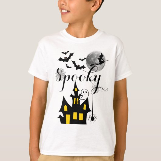 ハウ幽霊のよく出るス飛んでいるウィッチ不気味ハロウィーン Tシャツ (正面)