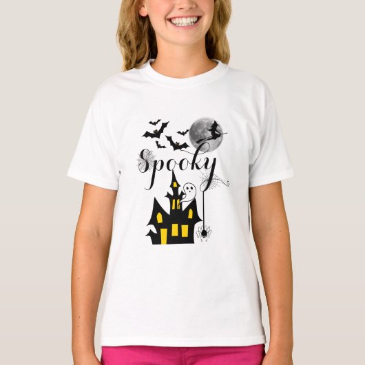 ハウ幽霊のよく出るス飛んでいるウィッチ不気味ハロウィーン Tシャツ (正面)