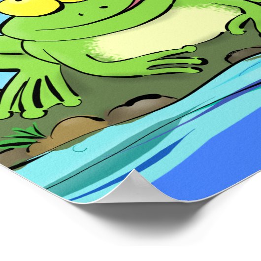 ハエおもしろいガエルのかわいい緑色の飢えたカエル ポスター (角)